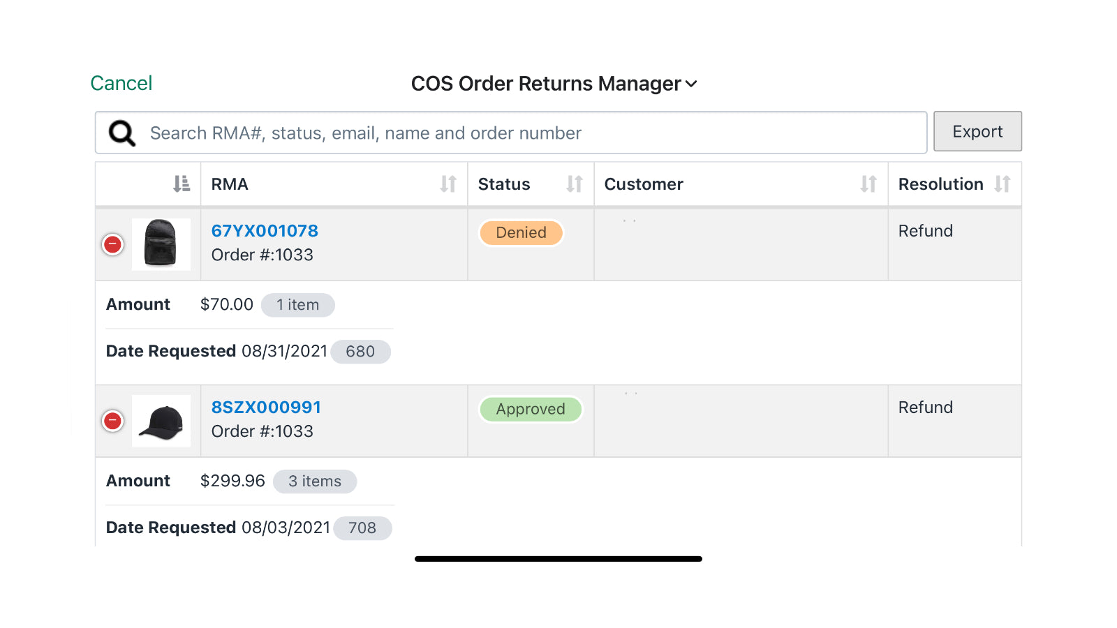 COS Order Returns Manager Screenshot