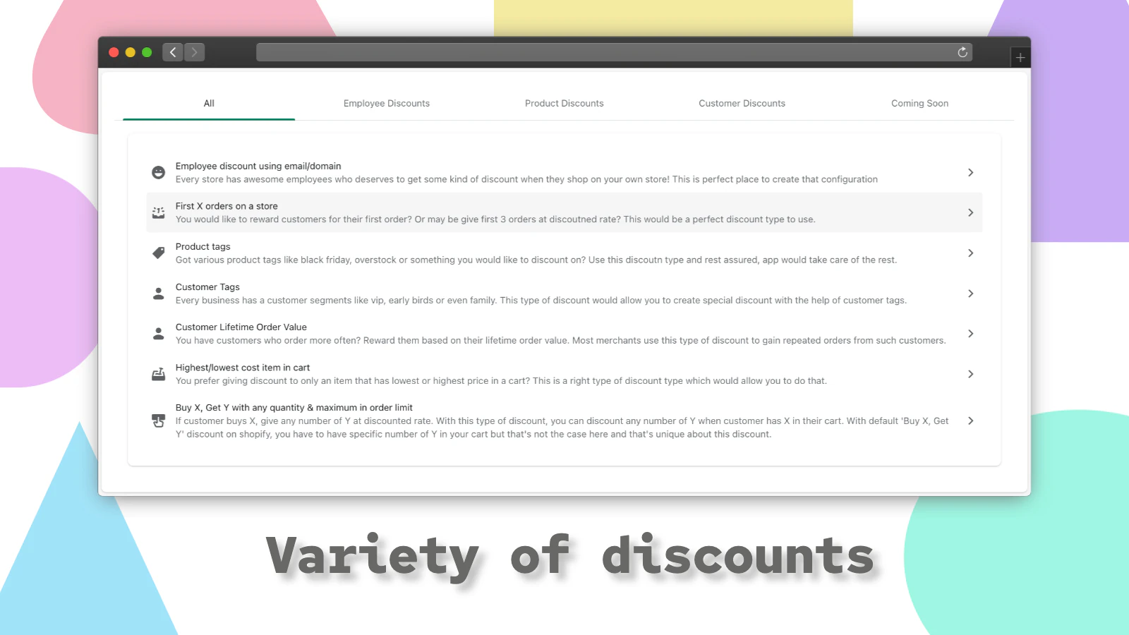 Variety of discount types.