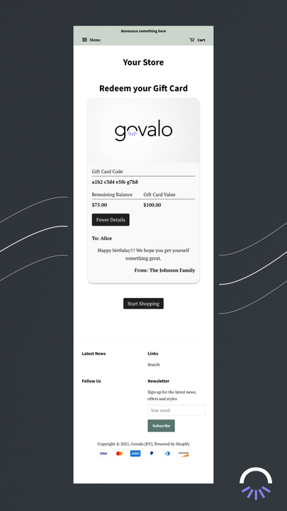 Page de rédemption de carte-cadeau Govalo sur mobile