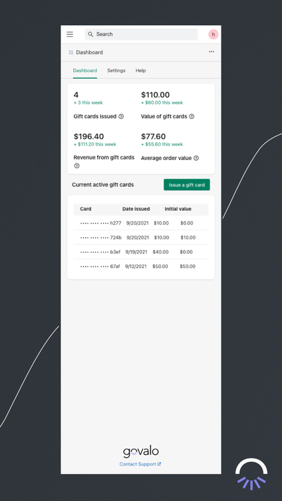 Tableau de bord analytique pour les cartes-cadeaux par Govalo sur mobile