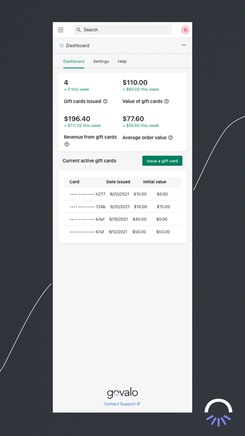 Analytics dashboard for gift cards by Govalo on mobile
