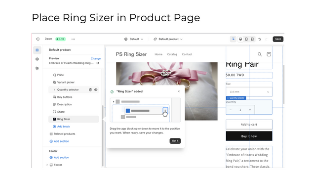 Add Ring Sizer button to Product Page