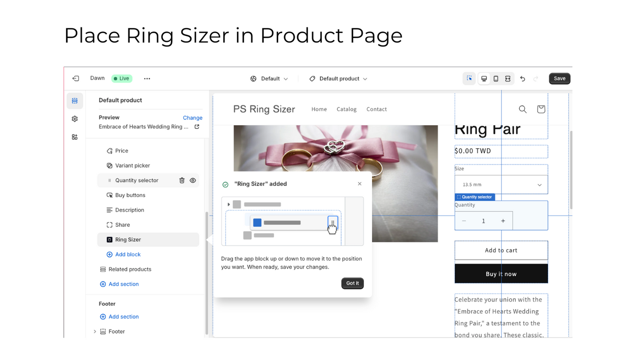 Add Ring Sizer button to Product Page