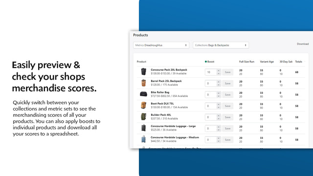 Forhåndsvis produkt merchandising scores for samlingssortering