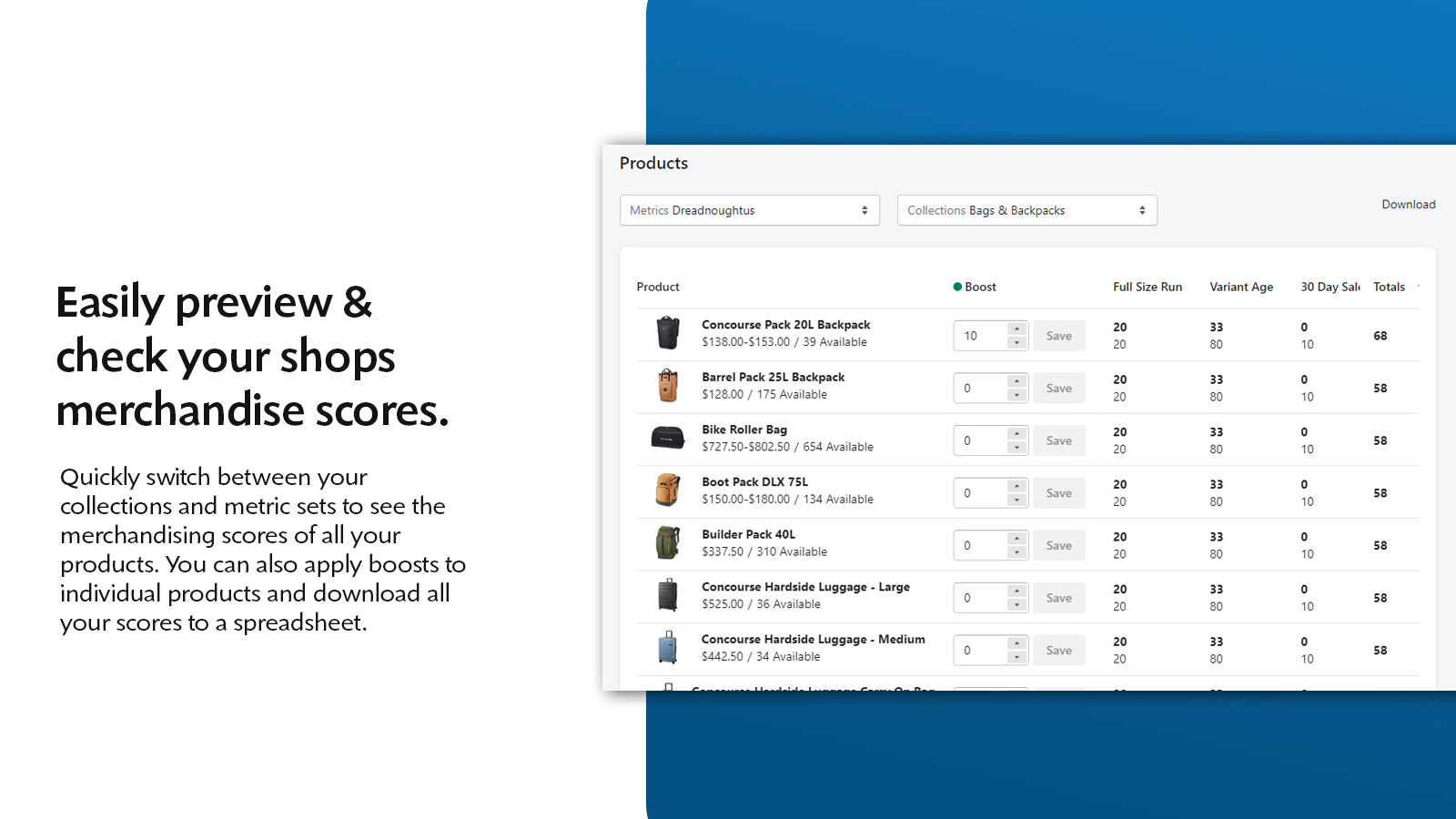 Preview product merchandising scores for collections sorting