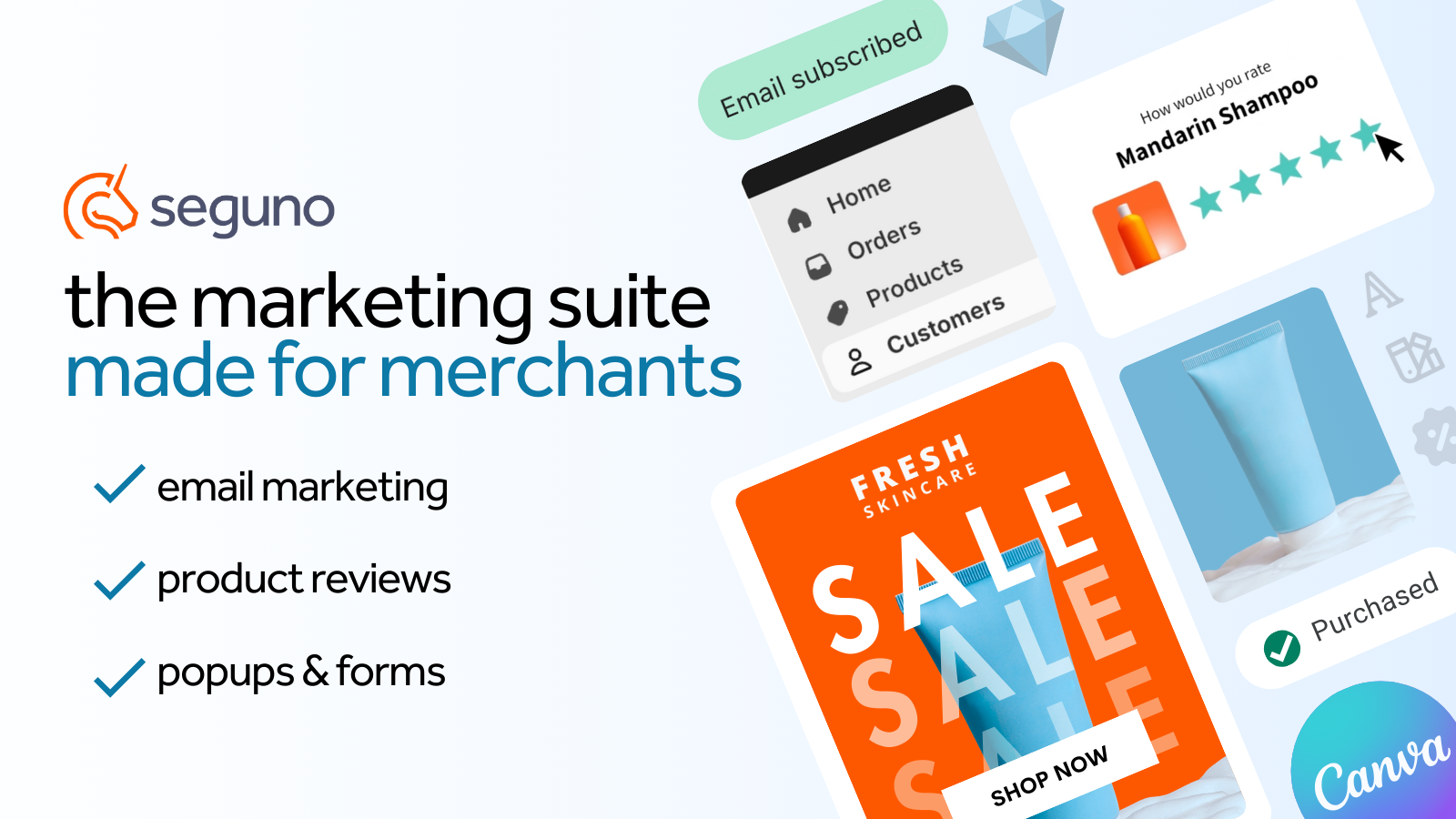 Suite de Marketing de Seguno: marketing por correo electrónico, reseñas de productos, popups