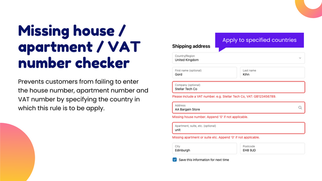 Missing House Number / Apartment / VAT number Checker