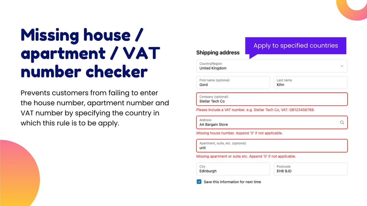 Missing House Number / Apartment / VAT number Checker