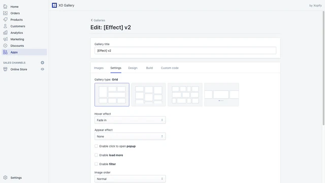 Página de configuración de administración de galería