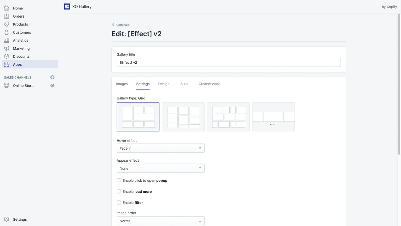 Página de configuración de administración de galería