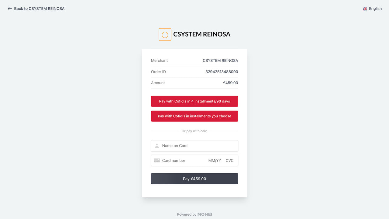 MONEI Payment Page with Cofidis