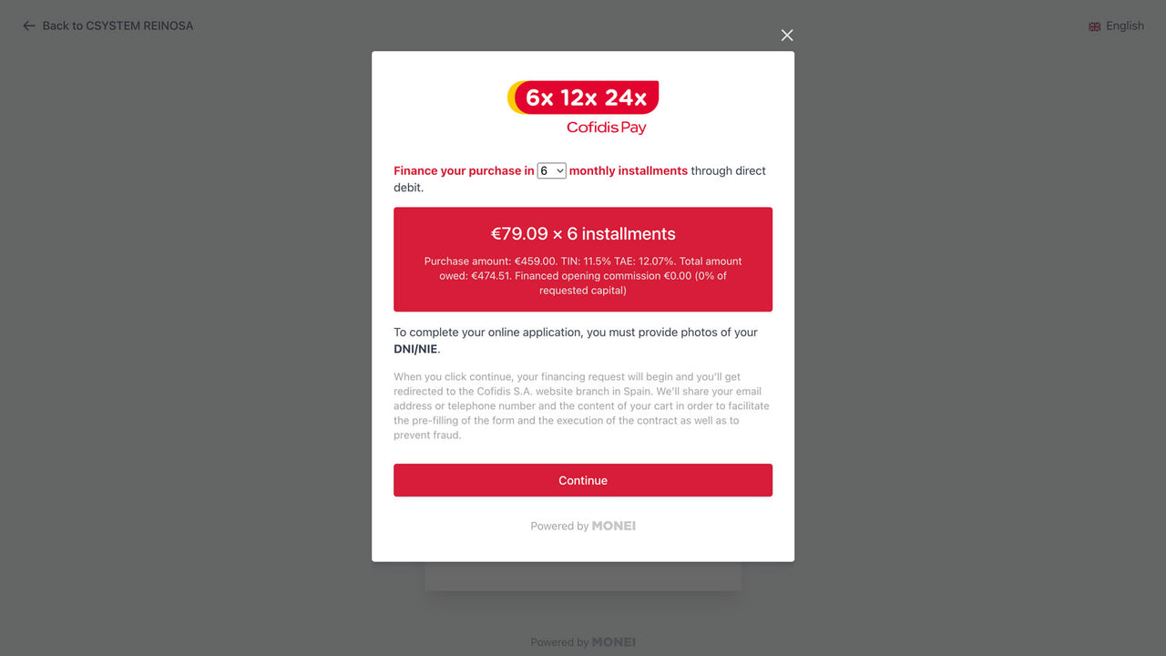 MONEI Payment Page with Cofidis Popup