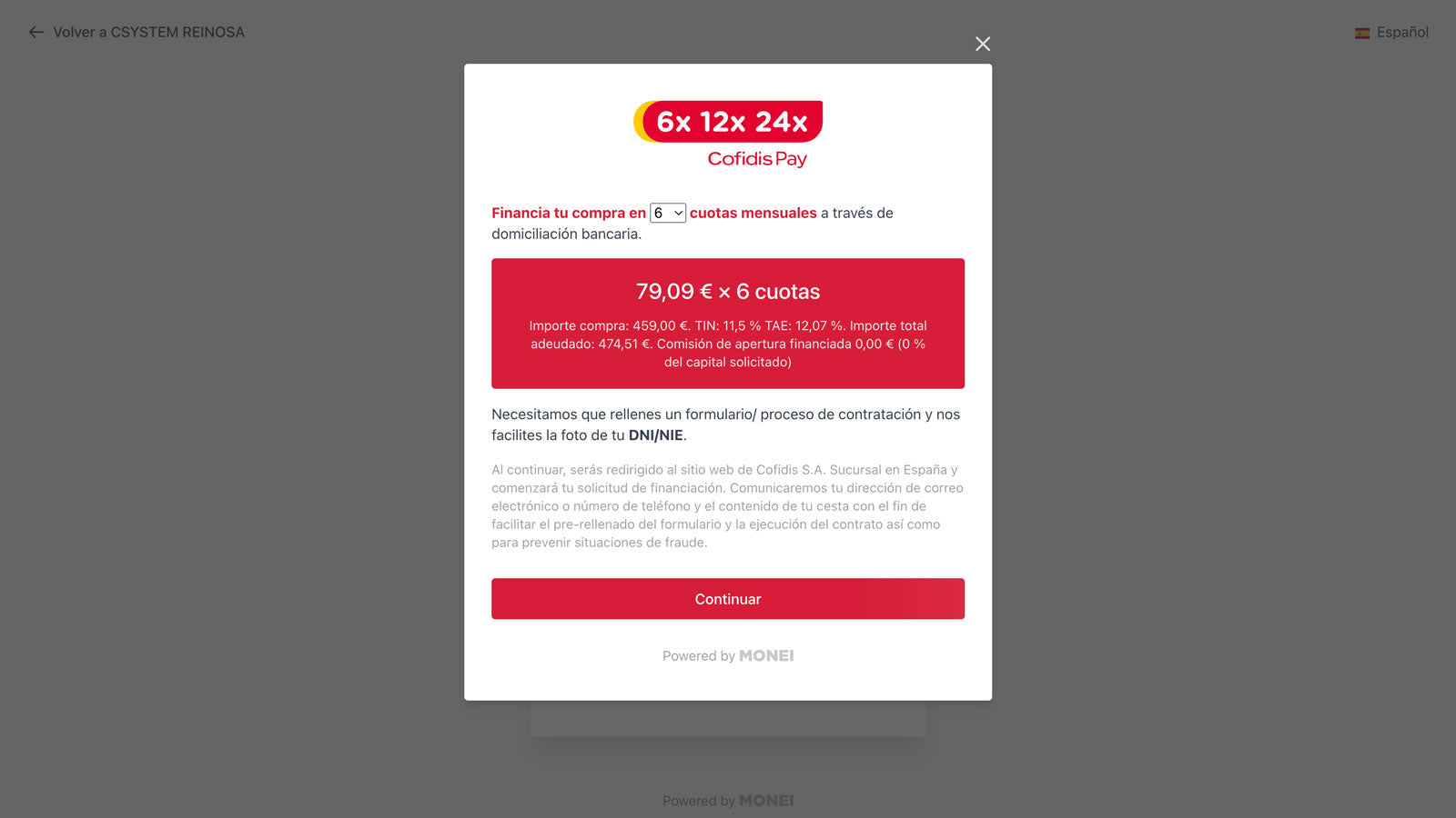 Página de Pago MONEI con Cofidis Popup