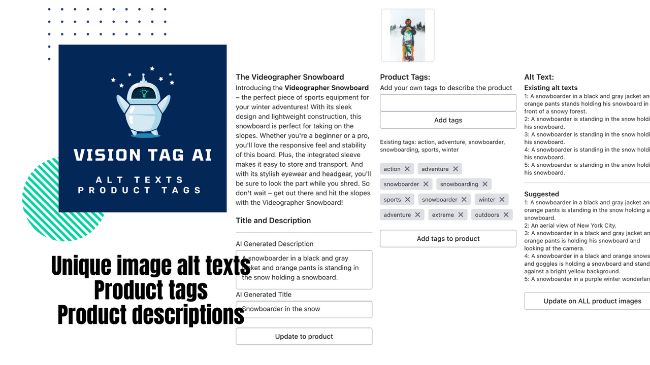 VisionTag AI för Alt Texter, Produkttaggar och Beskrivningar