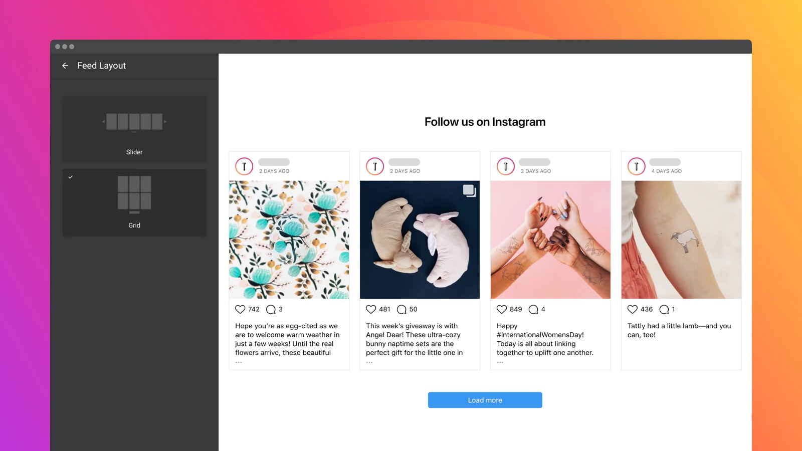 Escolha o layout de slider ou grade para o feed do Instagram