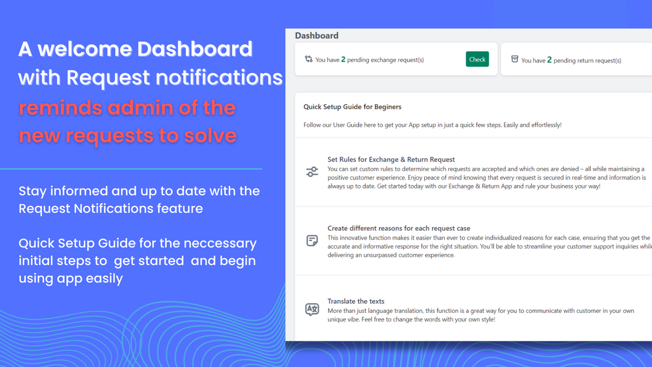 Dashboard met verzoek notificaties en Setup Gids