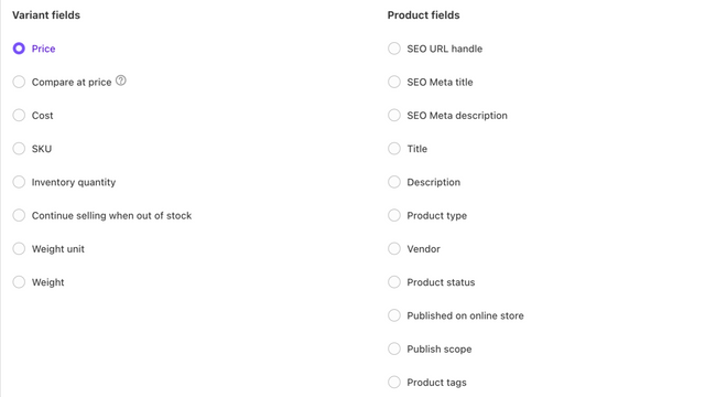 Price, cost, sku, SEO, inventory, vendor, product type fields 