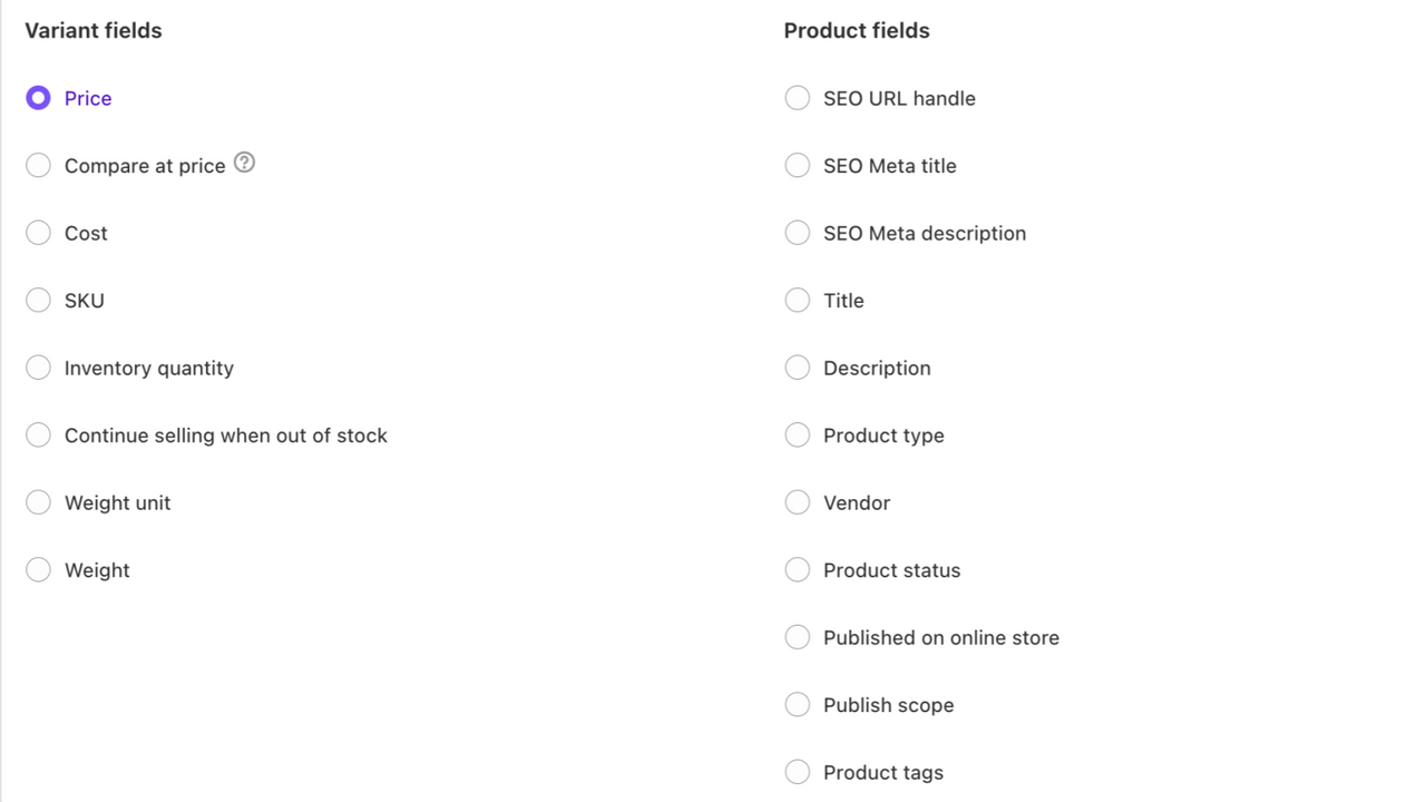 Preço, custo, sku, SEO, estoque, fornecedor, campos de tipo de produto