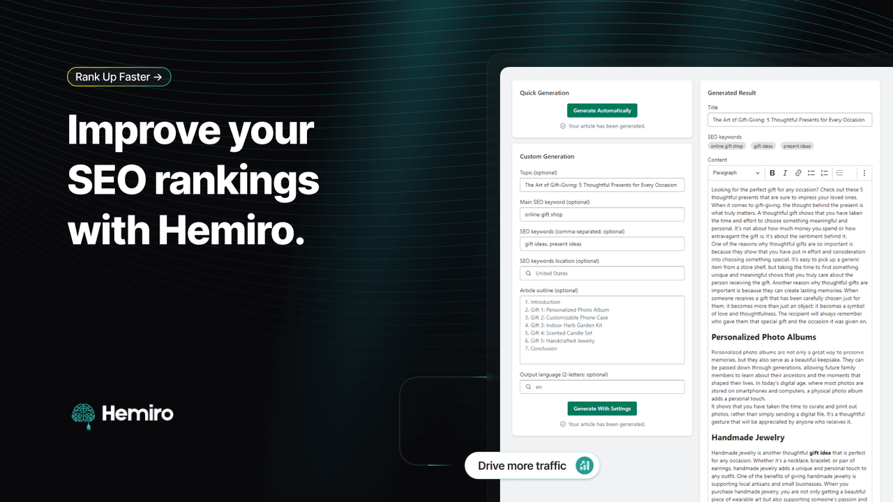 Hemiro AI-skrivare. Förbättra dina SEO-rankningar.