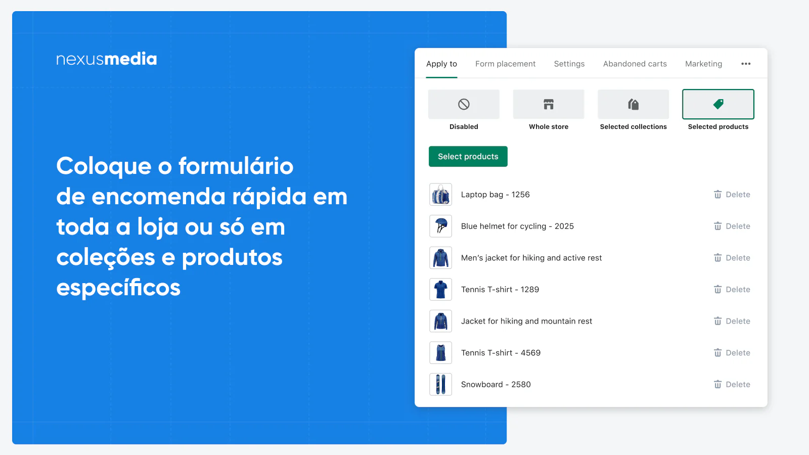 O formulário de encomenda rápida para alguns produtos