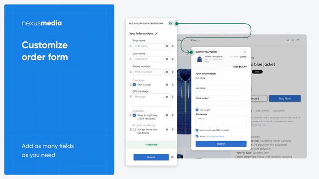 Customize order form, popup form builder. Cash on delivery.