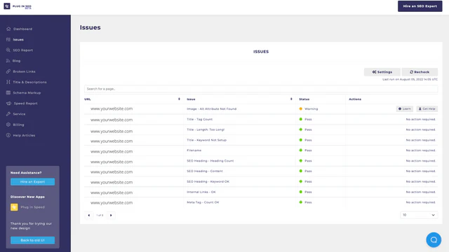 Verifica fácilmente los problemas de SEO en un solo panel. 