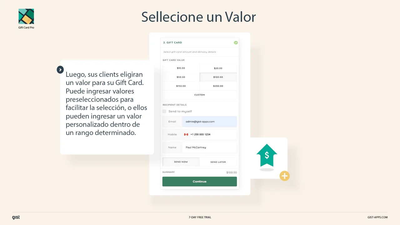 Luego, sus clients eligiran  un valor para su Gift Card.