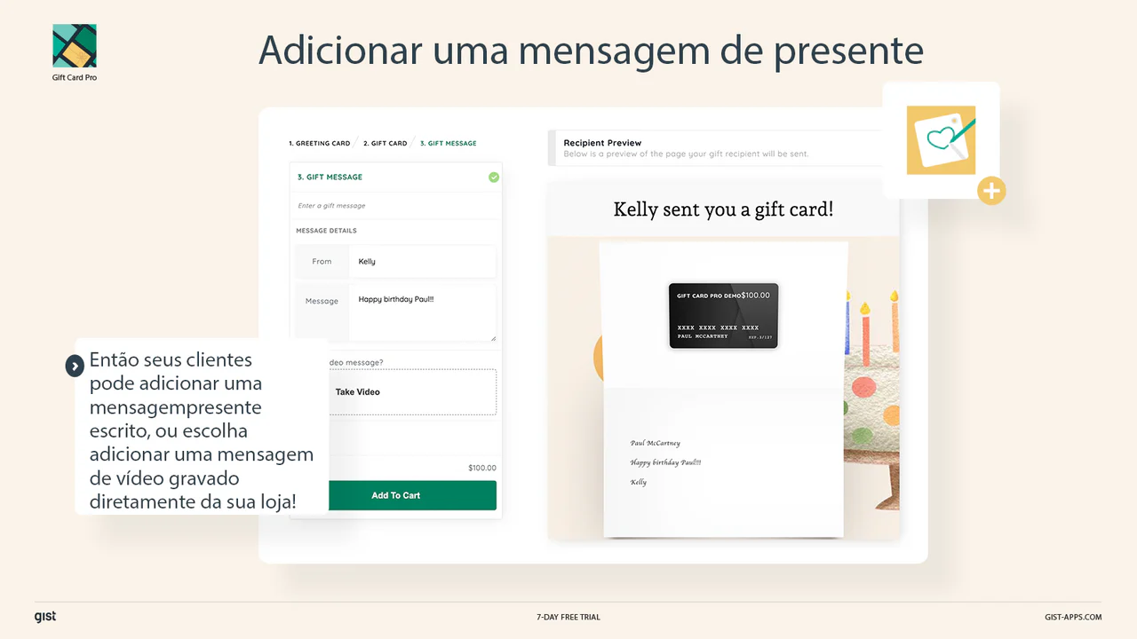 adicionar uma mensagem de presente ao seu cartão de presente