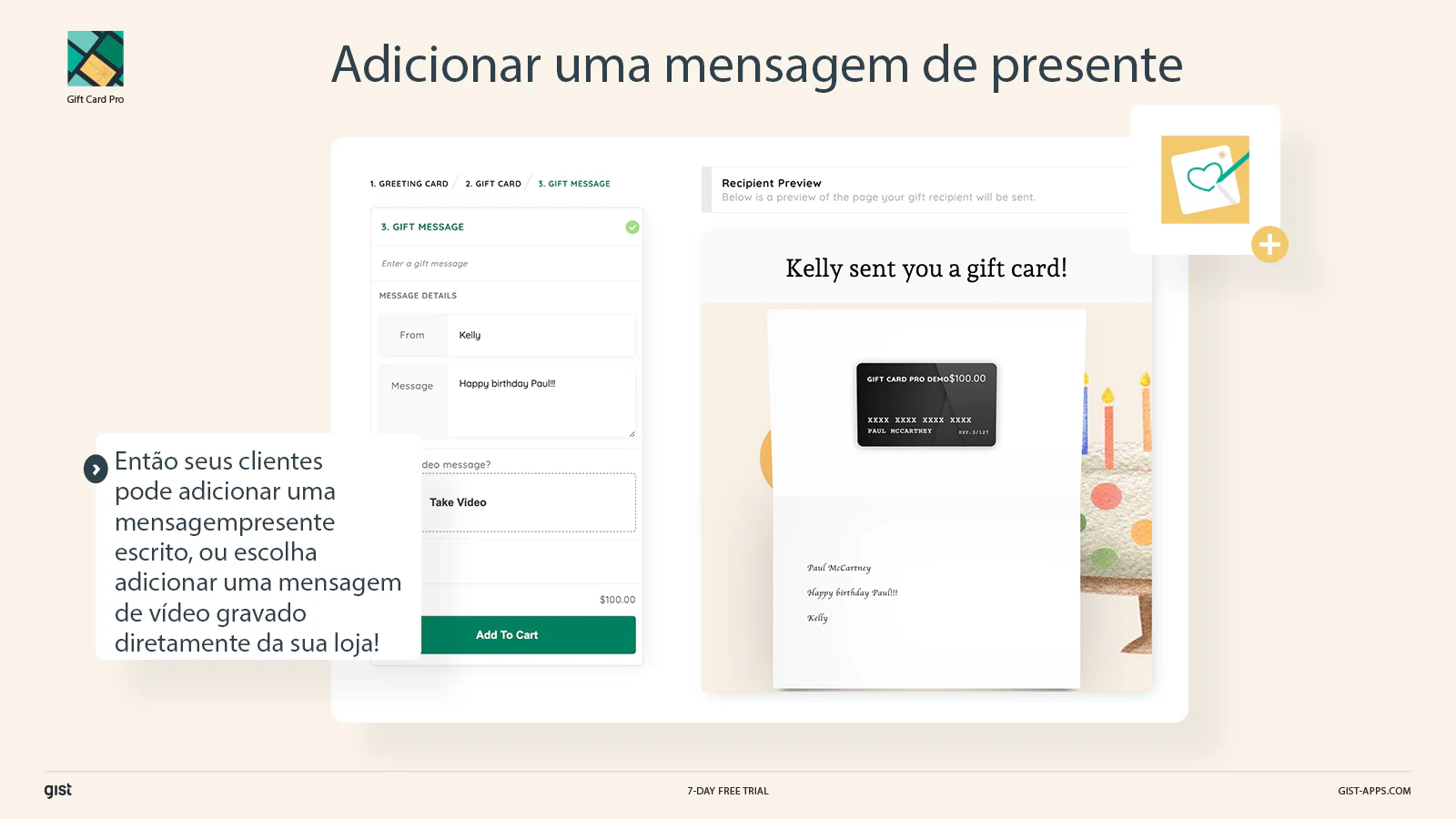 adicionar uma mensagem de presente ao seu cartão de presente