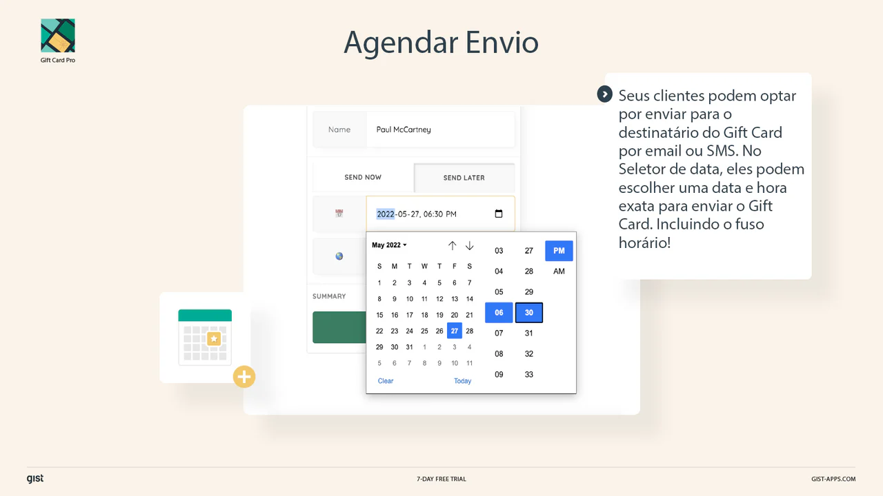 agendar enviar um cartão de presente para o destinatário
