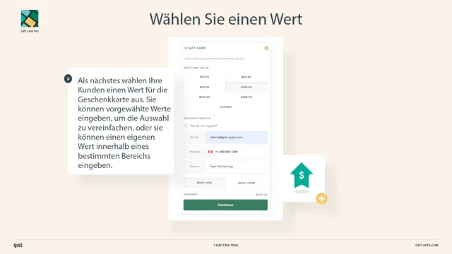 Nächstes wählen Ihre Kunden einen Wert für die Geschenkkarte aus