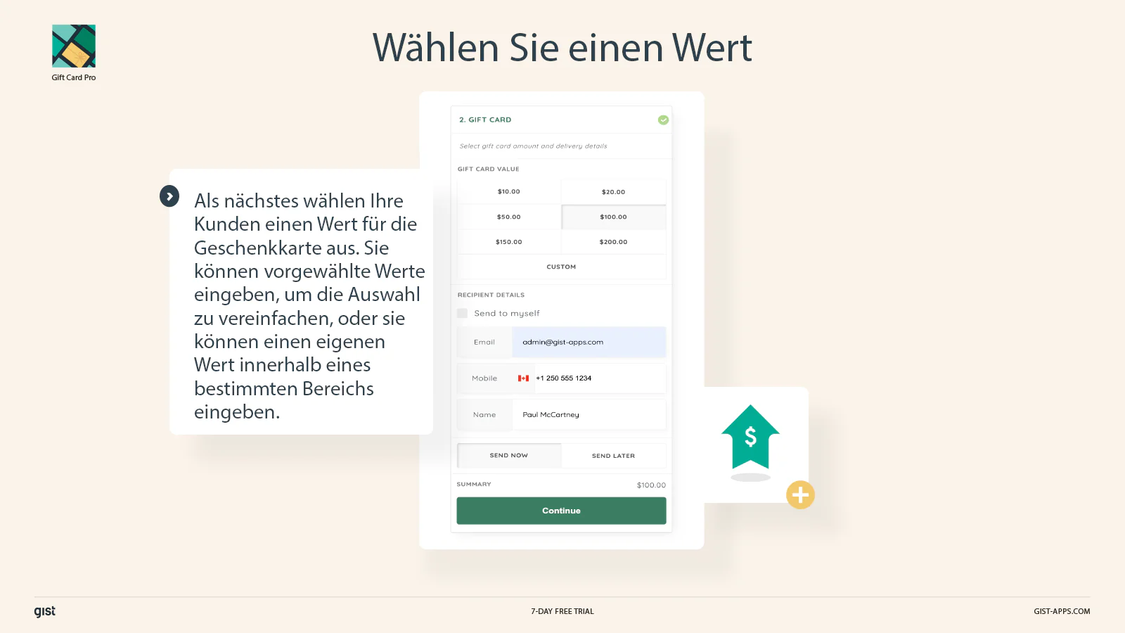 Nächstes wählen Ihre Kunden einen Wert für die Geschenkkarte aus