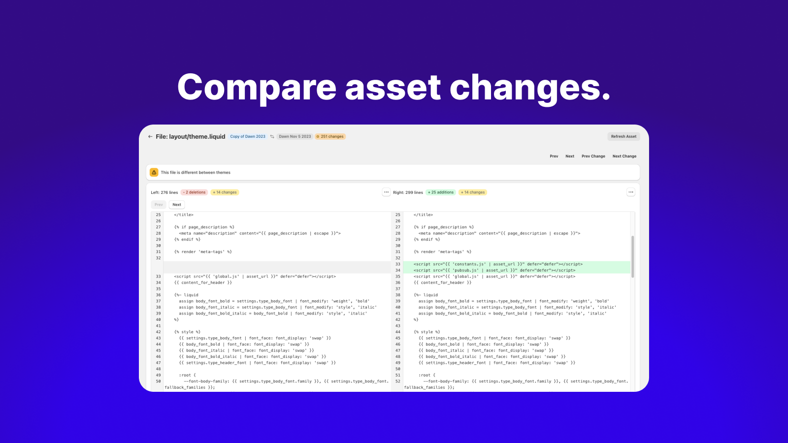 Showing the text differences between two versions of an asset