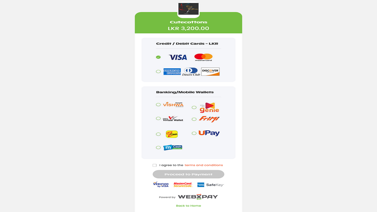 WEBXPAY Zahlungsauswahl Landing Page