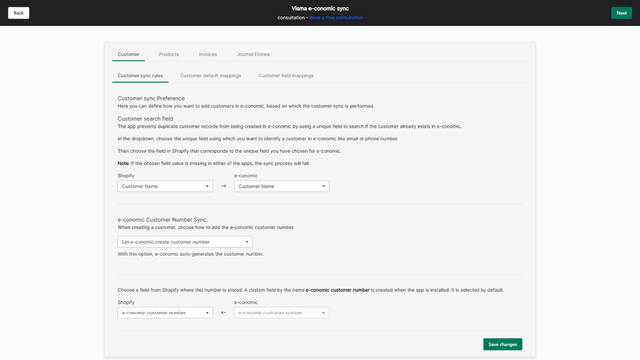 Tailored settings for invoice, product and customer sync