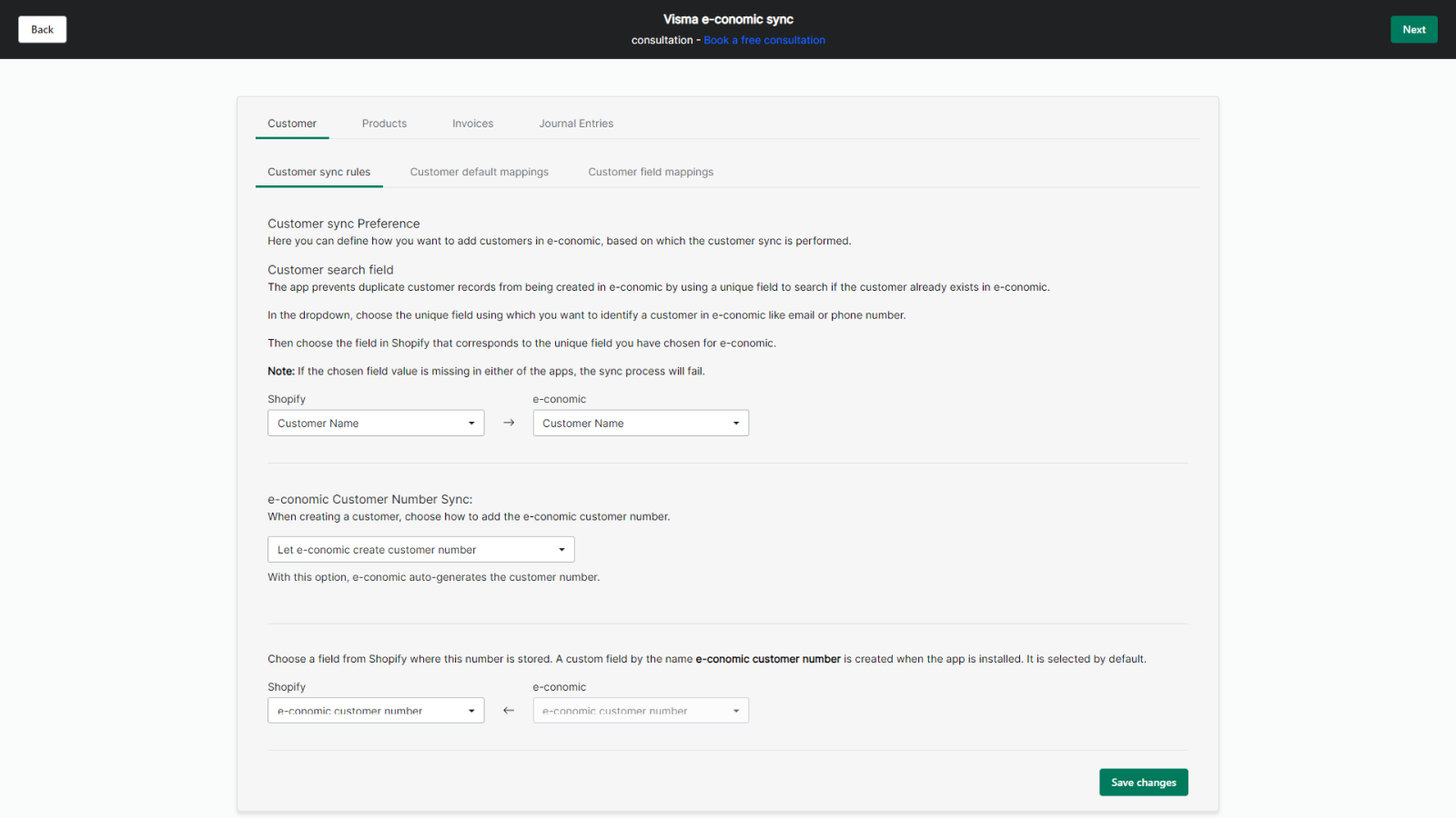 Tailored settings for invoice, product and customer sync