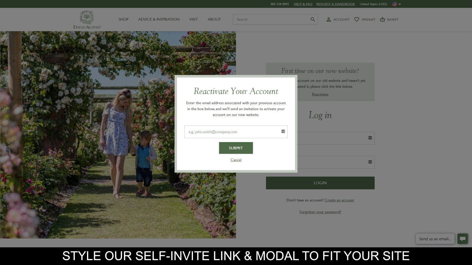 Style vores selv-invite sitelink og modal til at passe din site stil