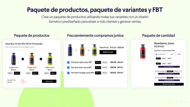 Paquete de productos, paquete de variantes y FBT