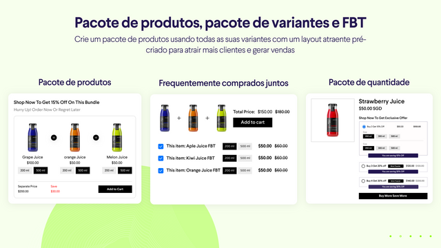 Pacote de produtos, pacote de variantes e FBT