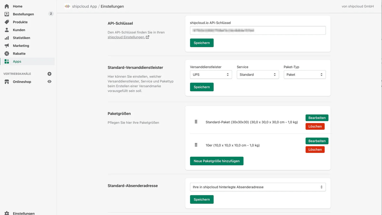 shipcloud App Einstellungen