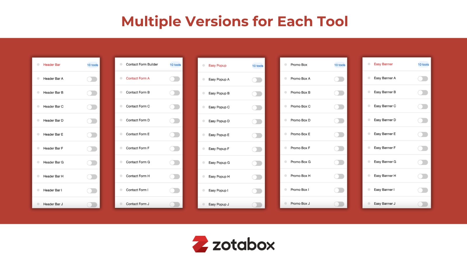 multiple versions each tool, popup, banner, header bar