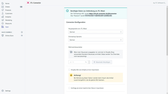 Einrichtung von JTL-Connector: Sprachen und SKUs