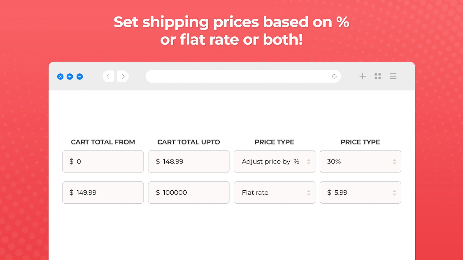 Establece los precios de envío basados en % o tarifa plana o ambos!