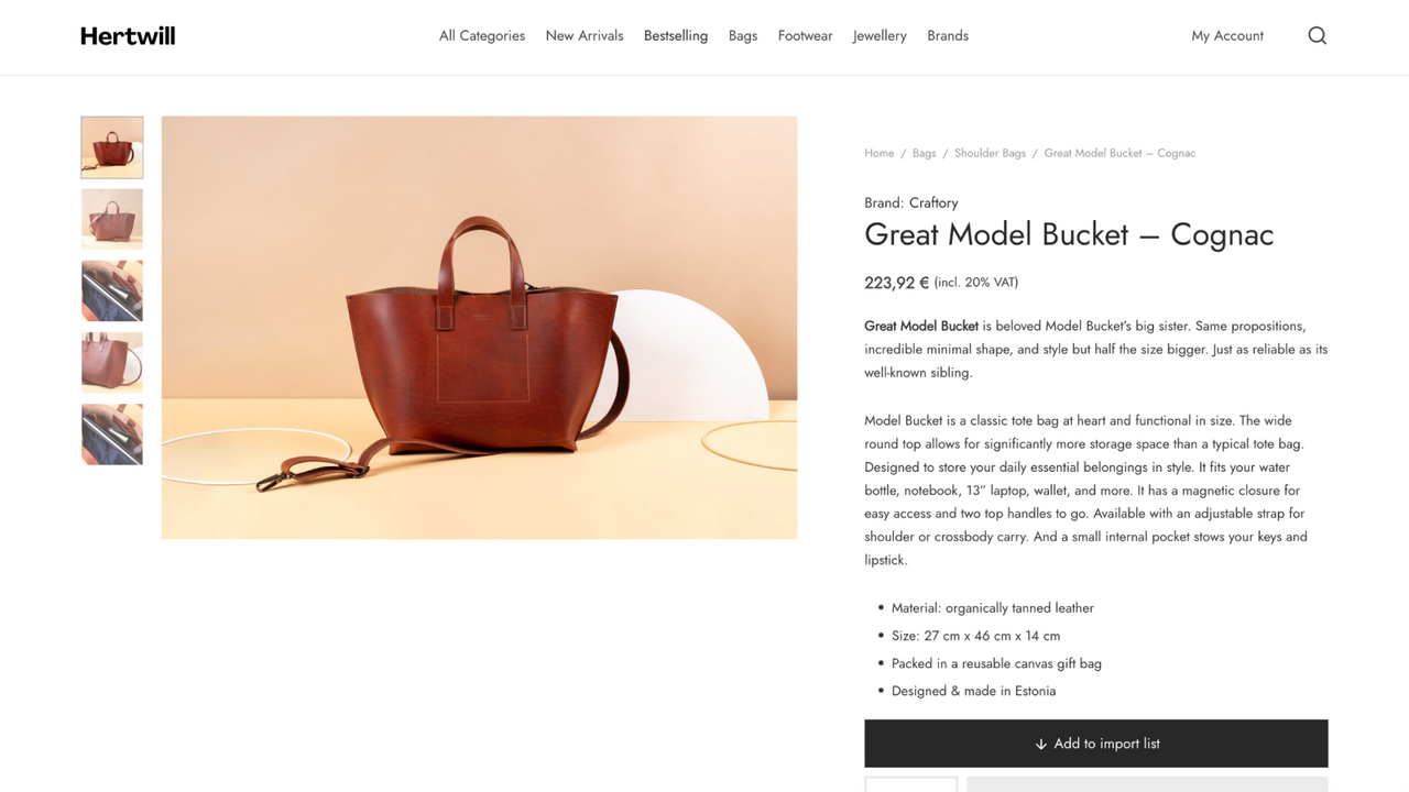 Hertwills produktsida för en läderväska.