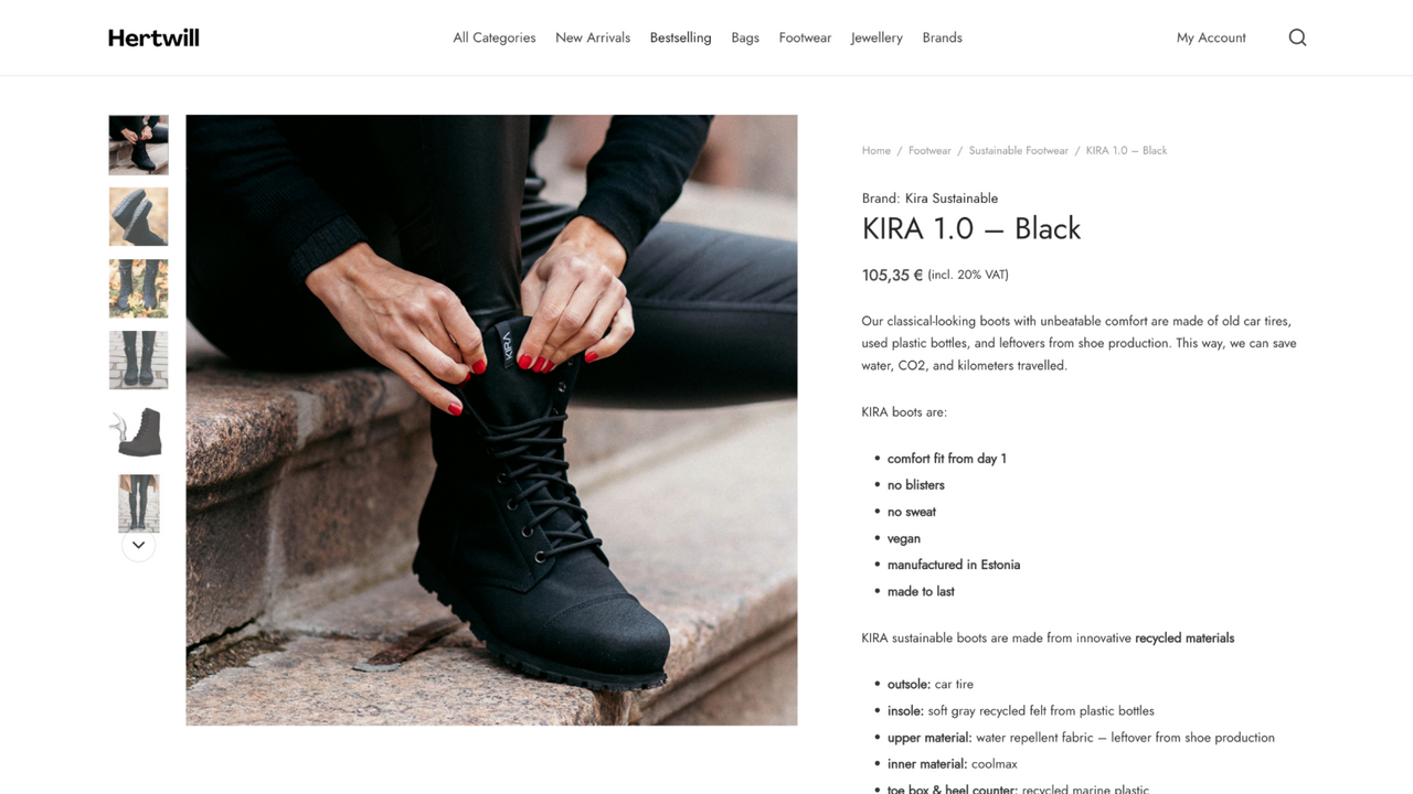 Hertwill的可持续靴子产品页面。