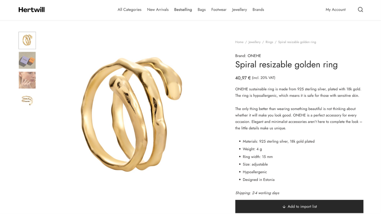 Hertwills produktsida för prisbelönta smycken