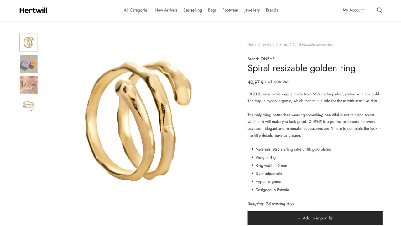 Hertwill product page of a design winning jewlery