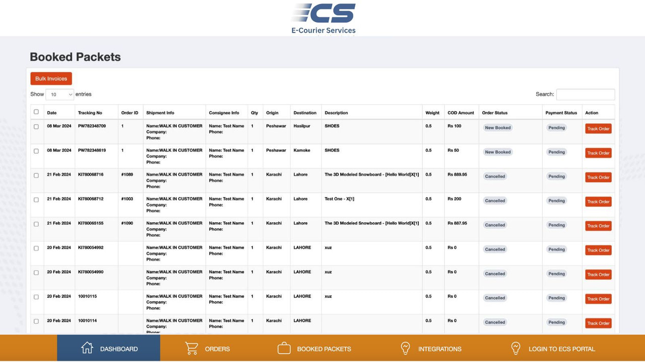 Toutes les commandes traitées qui sont exécutées par ECourier Service