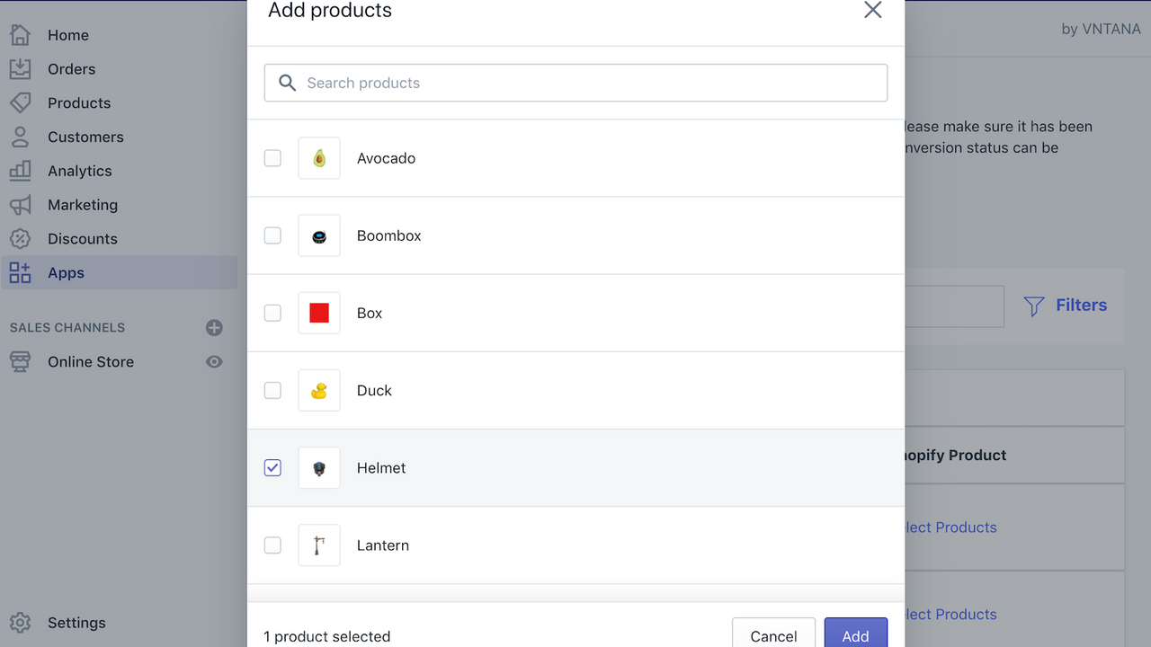 Seleccionar producto Shopify para añadir visor 3D