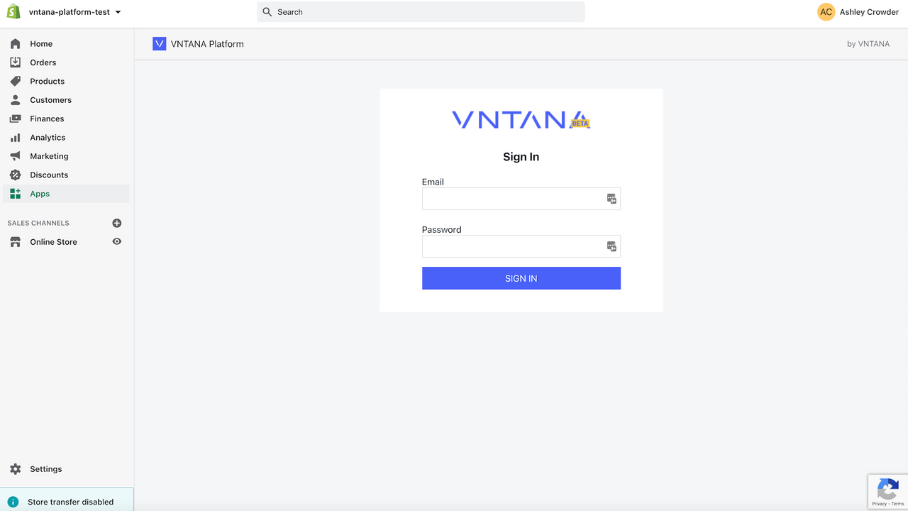 Écran de connexion de l'application Shopify VNTANA